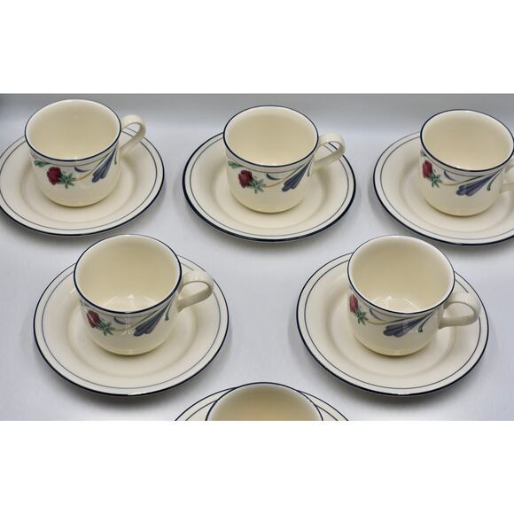 Y2K Coffee or Tea Flat Cup & Saucer 12pc Set Poppies On Blue by LENOX - Picture 6 of 12